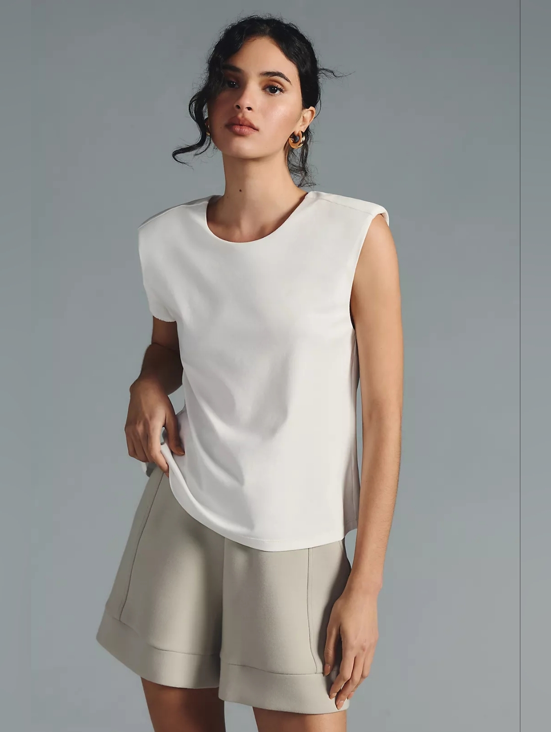 Anthropologie Sleeveless Crewneck Top In White - With Shoulder Pads Size M